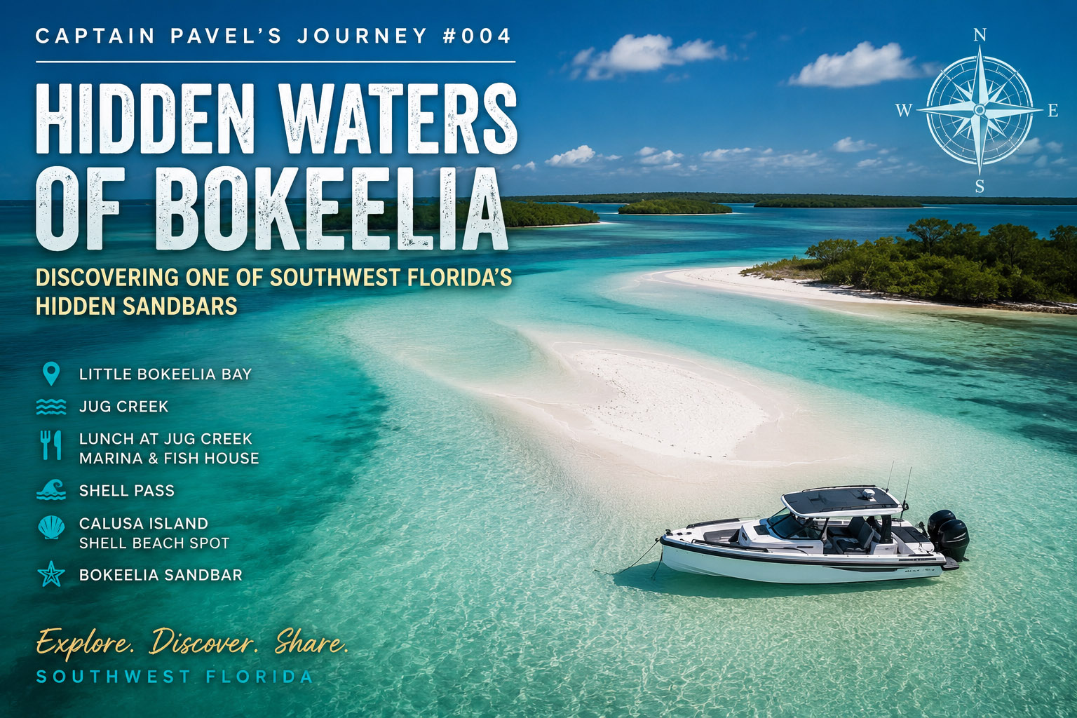Aerial view of the hidden Bokeelia Sandbar in Pine Island Sound with Captain Pavel's Axopar 29 during an exploration of Southwest Florida.