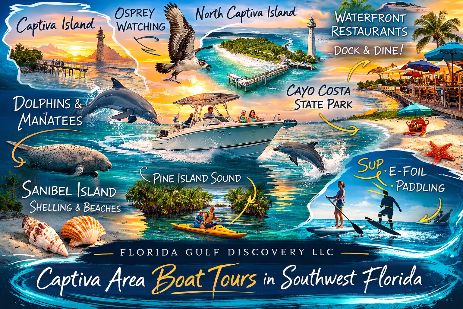 Collage of private boat tours in the Captiva area, Southwest Florida
