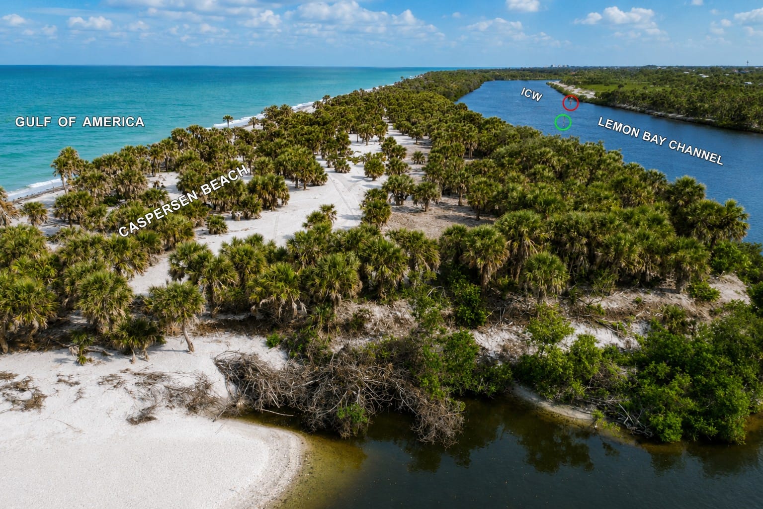 Aerial overview of Caspersen Beach and the Lemon Bay navigation channel in Southwest Florida