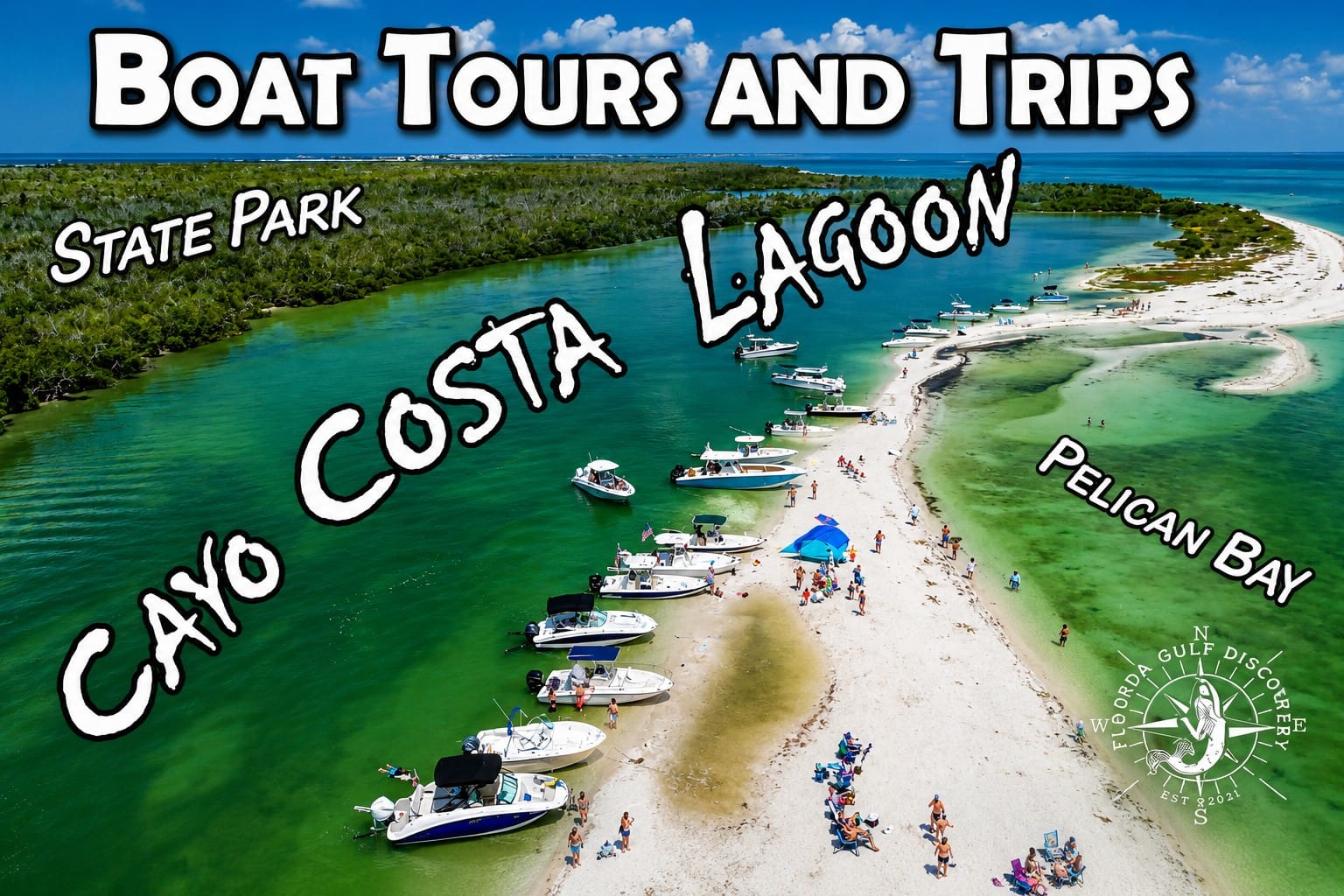 Aerial view of the Cayo Costa Lagoon in Cayo Costa State Park, Florida, featuring crystal-clear water, white sand, and a private boat exploring one of Southwest Florida's hidden natural gems.