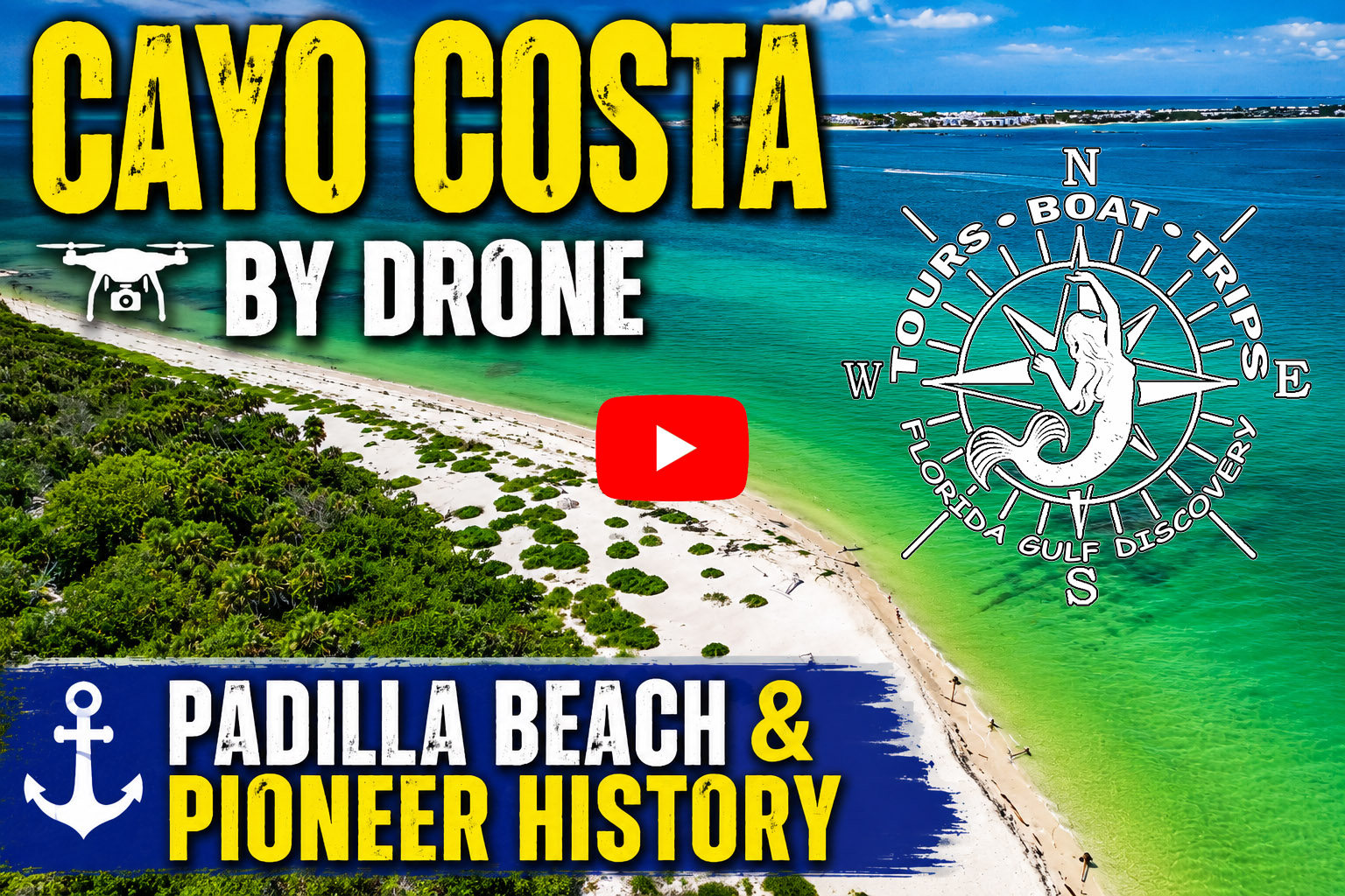 Aerial view of Padilla Beach on Cayo Costa, Florida, highlighting the historic shoreline and pioneer heritage of this remote barrier island.