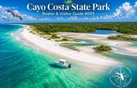 Aerial view of Cayo Costa State Park featuring white-sand beaches, turquoise Gulf waters, and the island's natural lagoon in Southwest Florida.