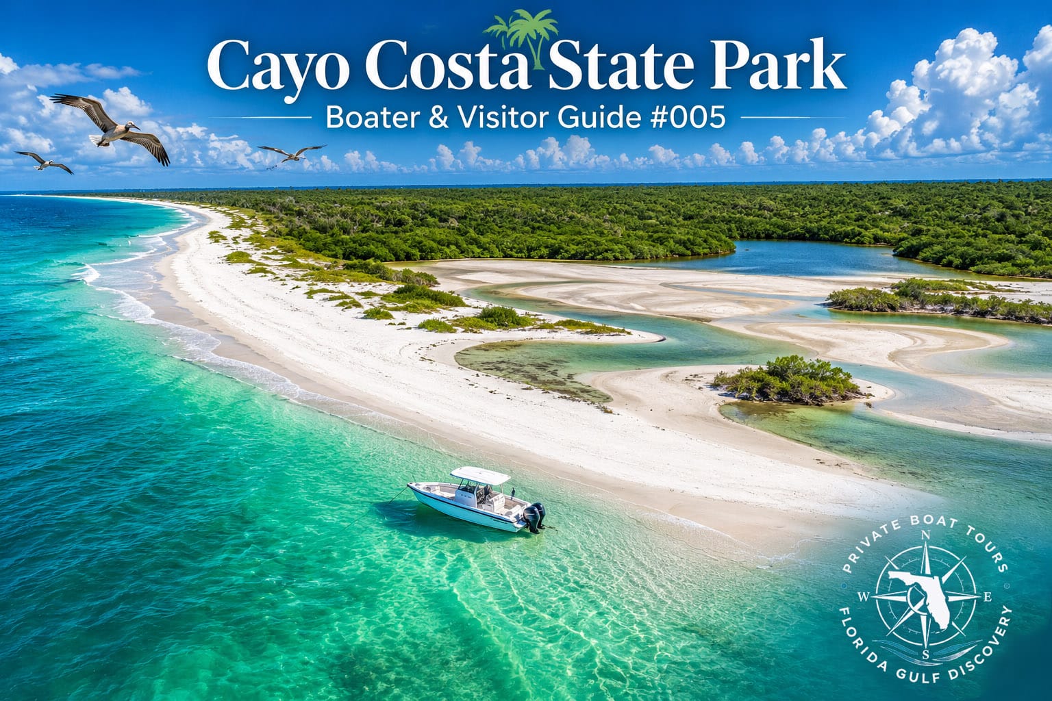 Aerial view of Cayo Costa State Park featuring white-sand beaches, turquoise Gulf waters, and the island's natural lagoon in Southwest Florida.