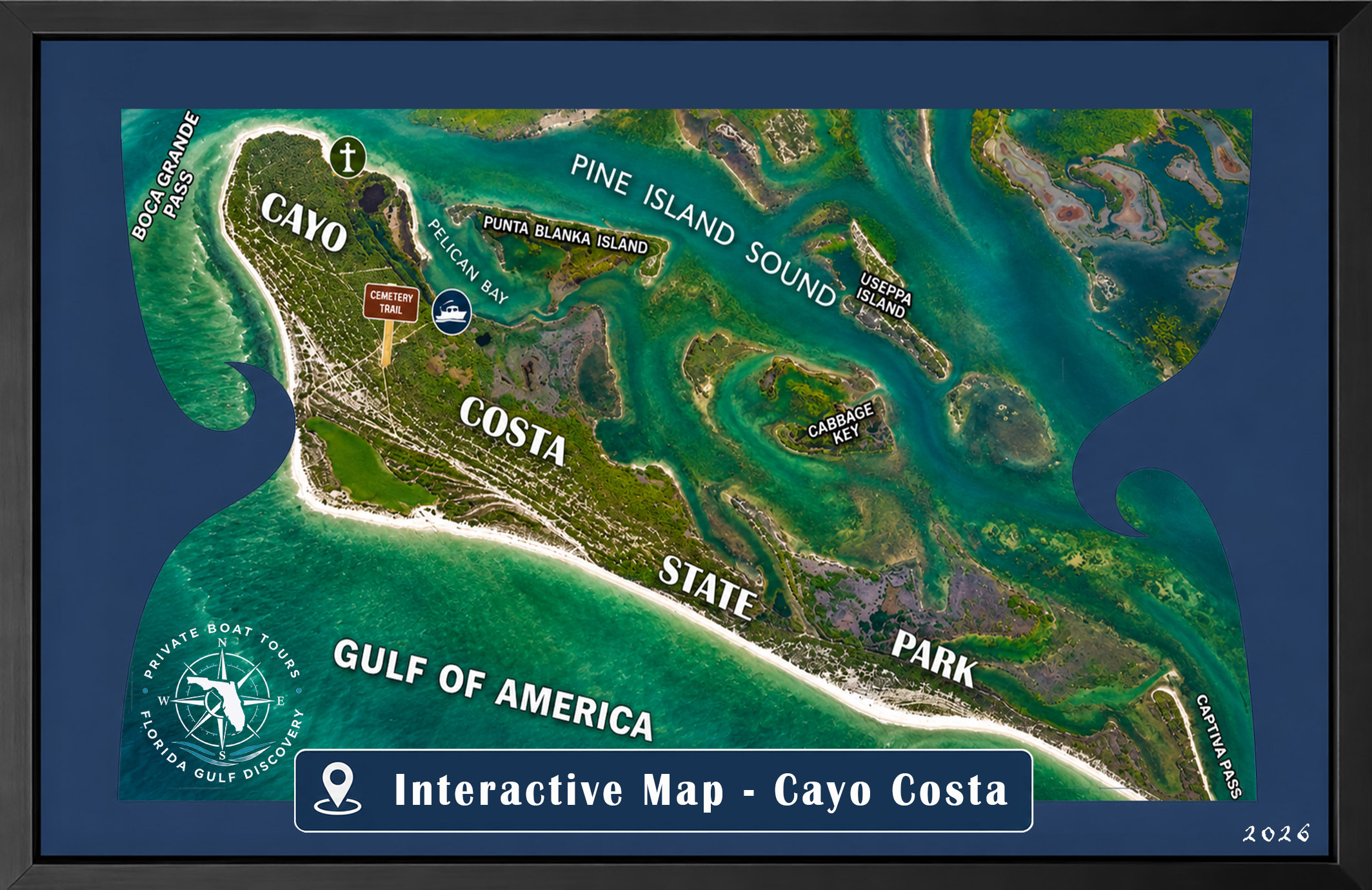 Illustrated aerial map of Cayo Costa State Park showing Pelican Bay, Punta Blanca Island, Cabbage Key, Useppa Island, Boca Grande Pass, Captiva Pass, and the Pioneer Cemetery trail in Southwest Florida.