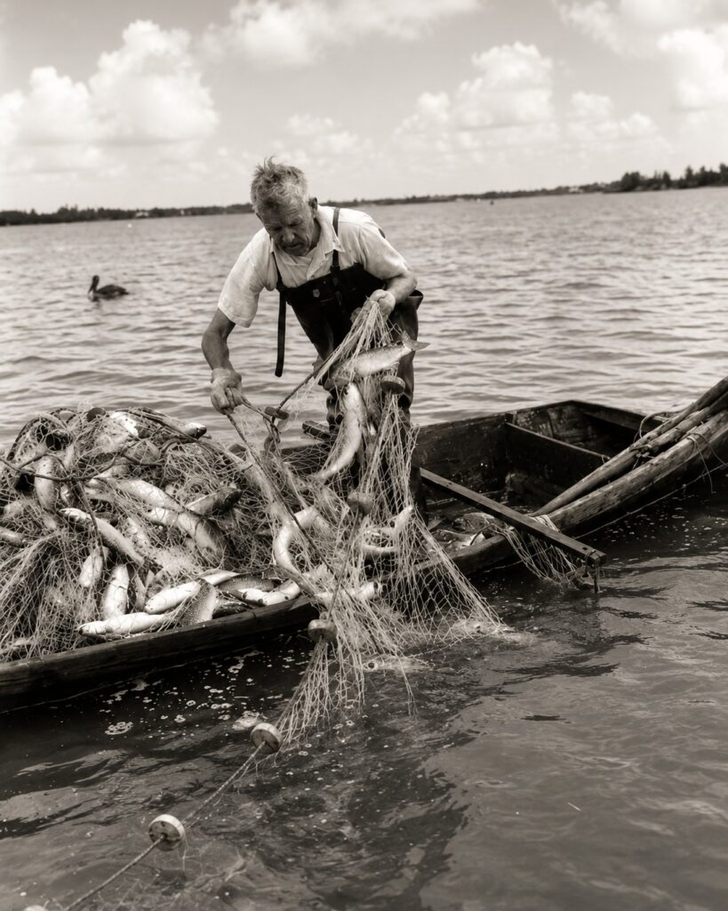 Historic commercial fisherman removing fish from a gill net aboard a wooden skiff on Pine Island Sound, Southwest Florida.