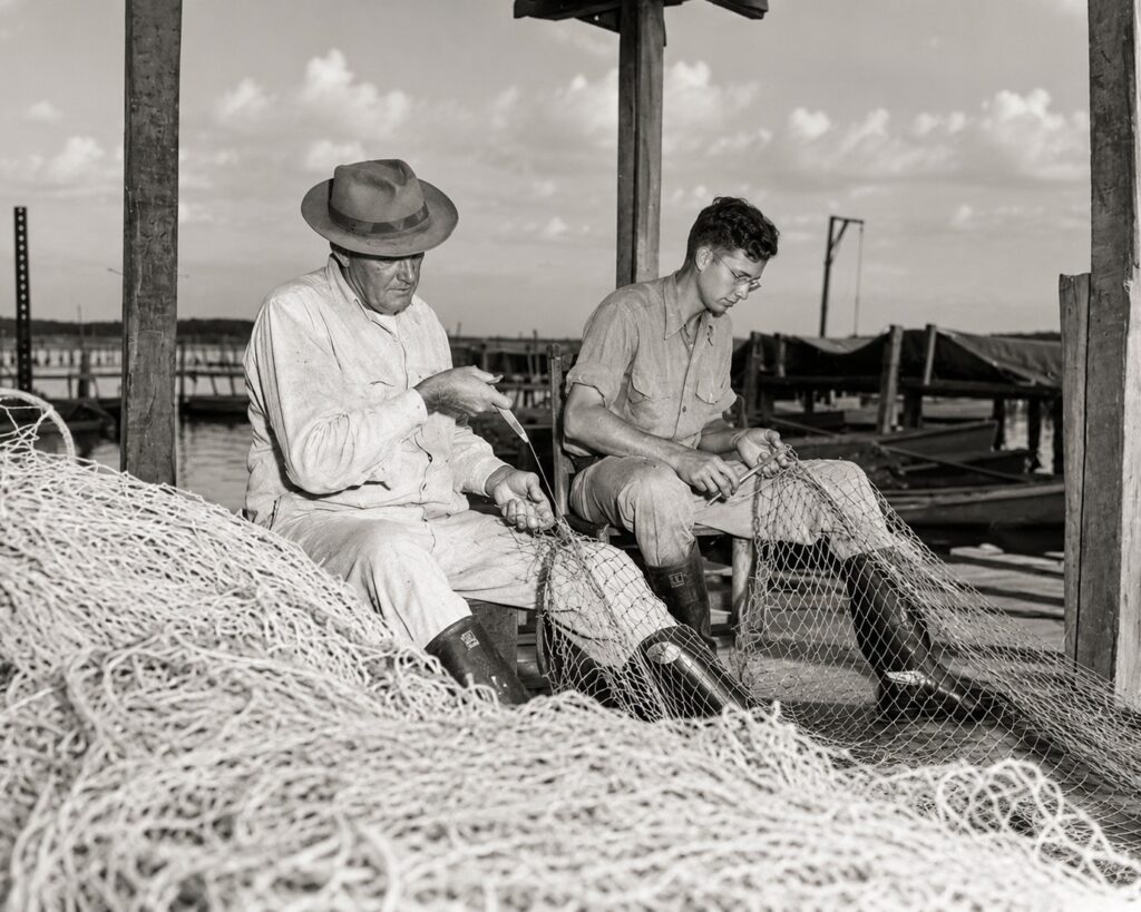 Historic commercial fishermen repairing gill nets at a waterfront dock in Southwest Florida during the mid-twentieth century.
