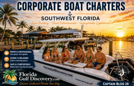 Guests relaxing aboard a private luxury boat charter at sunset in Southwest Florida, enjoying a corporate outing with Florida Gulf Discovery.
