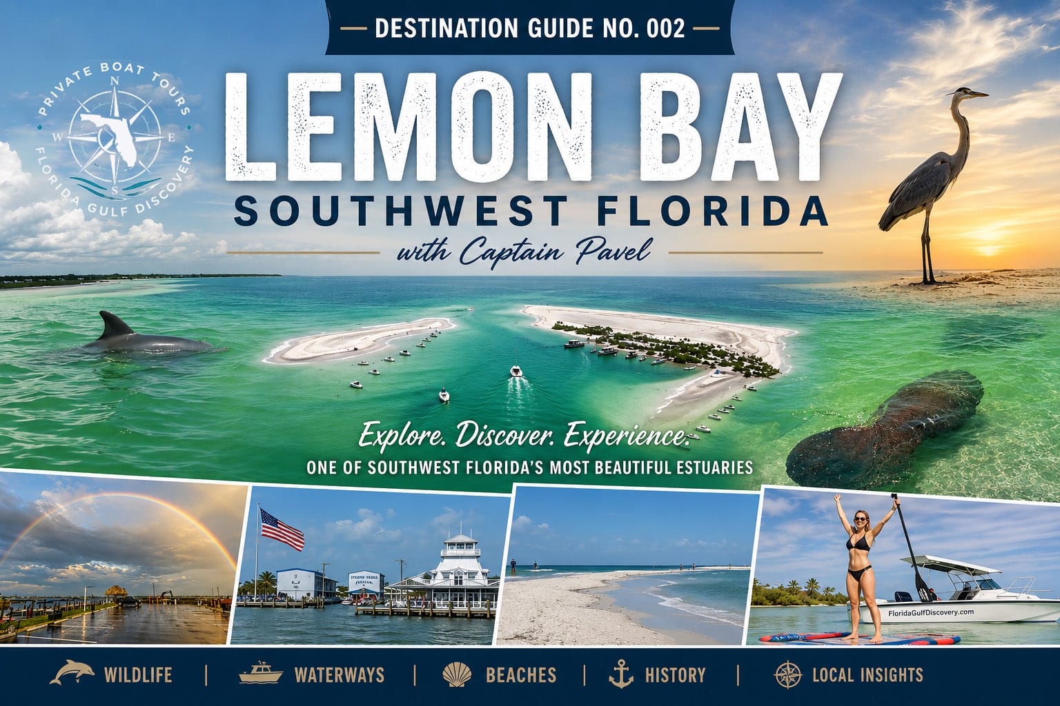 Destination Guide No. 002 featuring Lemon Bay, Southwest Florida, with Captain Pavel, showcasing wildlife, dolphins, manatees, beaches, waterways, Stump Pass, and coastal adventures.