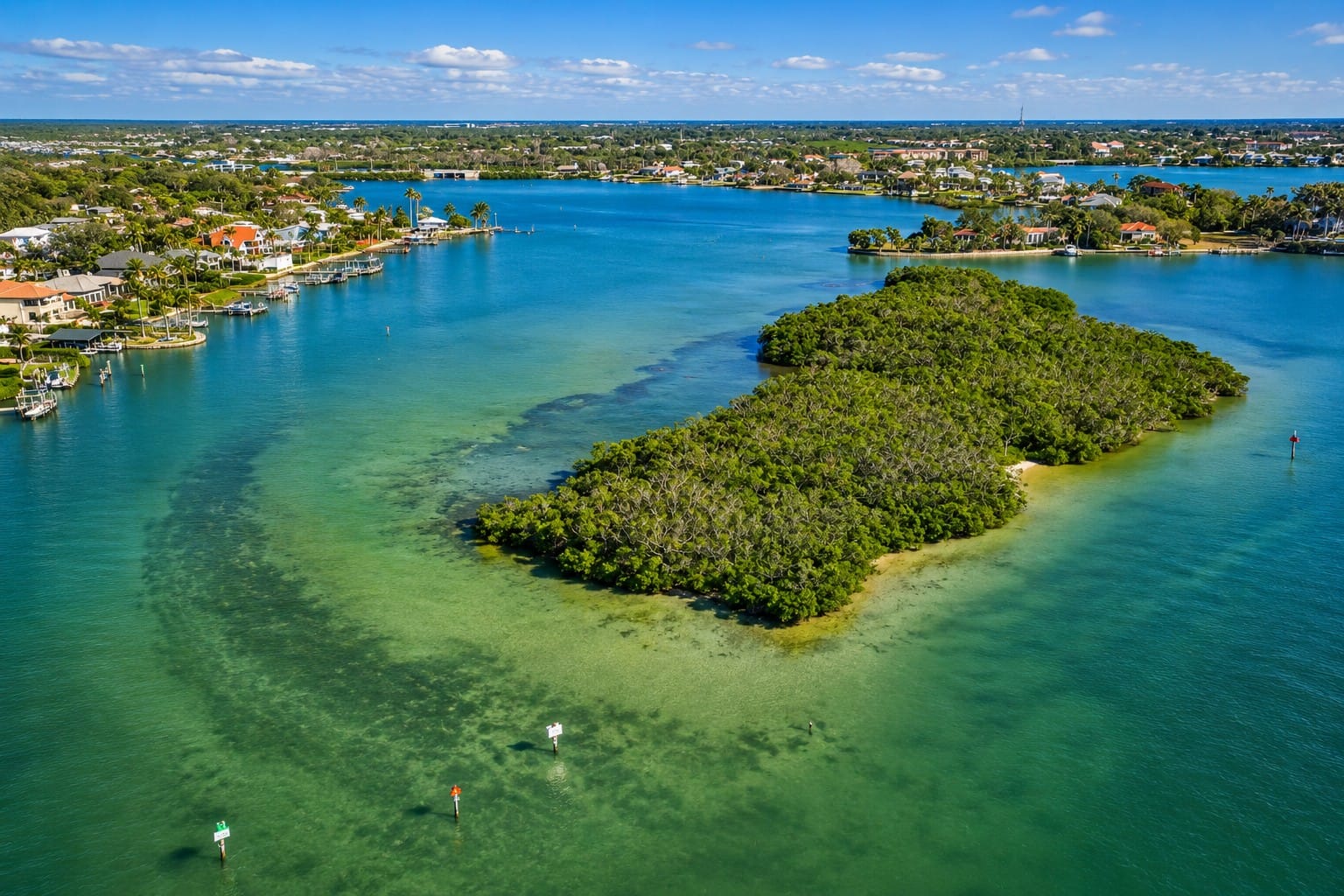 Aerial view of Dona Bay and Bird Key near Venice Inlet in Nokomis, Florida