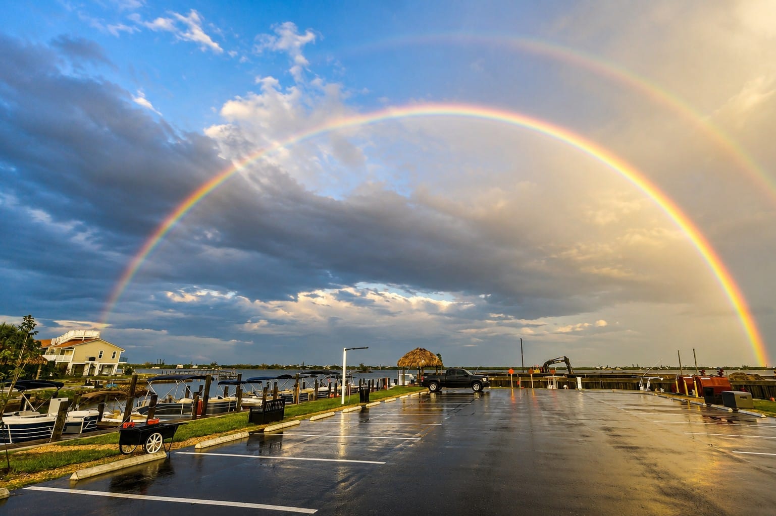 Double rainbow over Royal Palm Marina on Lemon Bay in Englewood, Florida