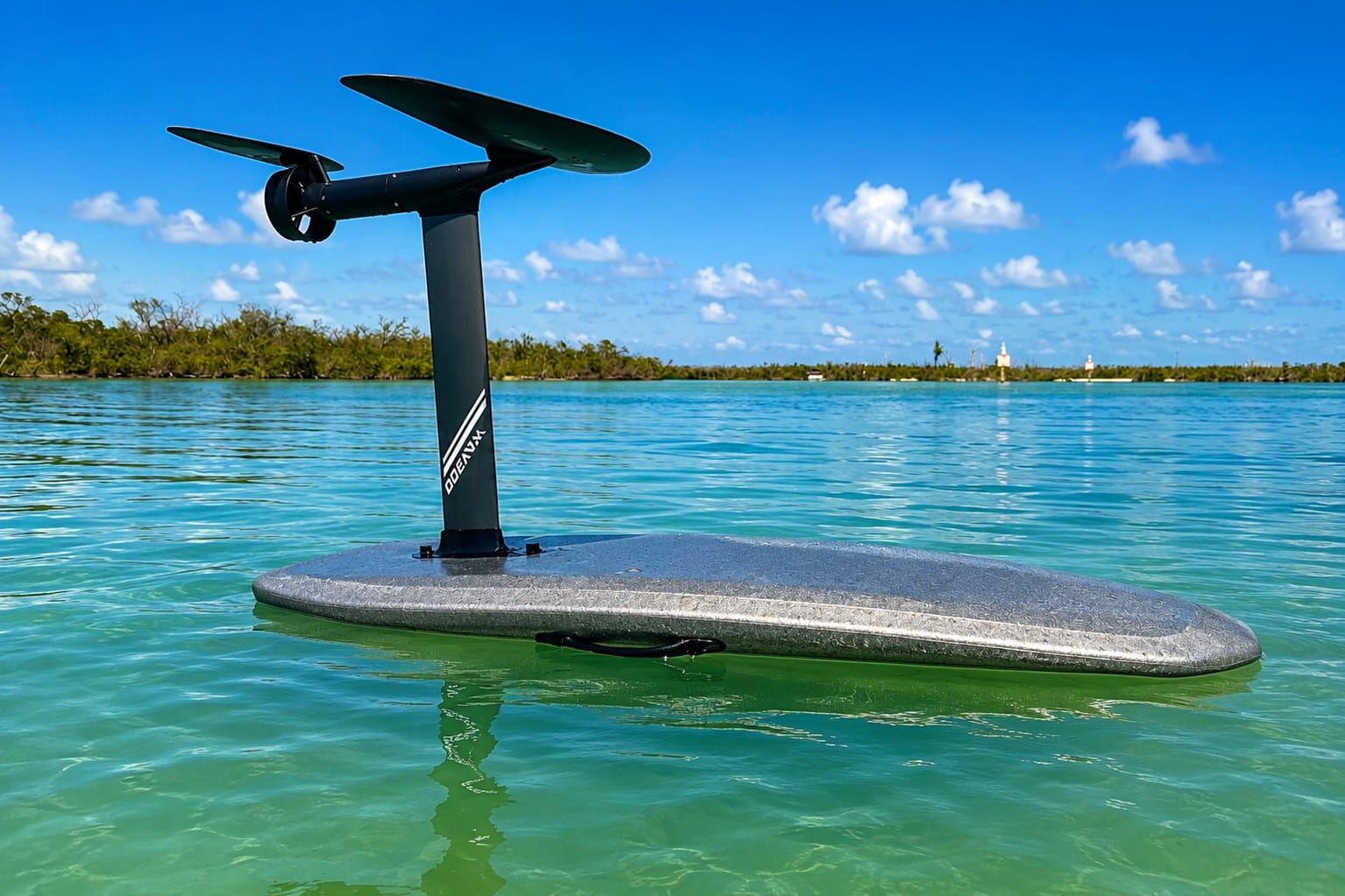 E-foil rider gliding above the water at Ski Alley in Lemon Bay near Stump Pass, Southwest Florida.