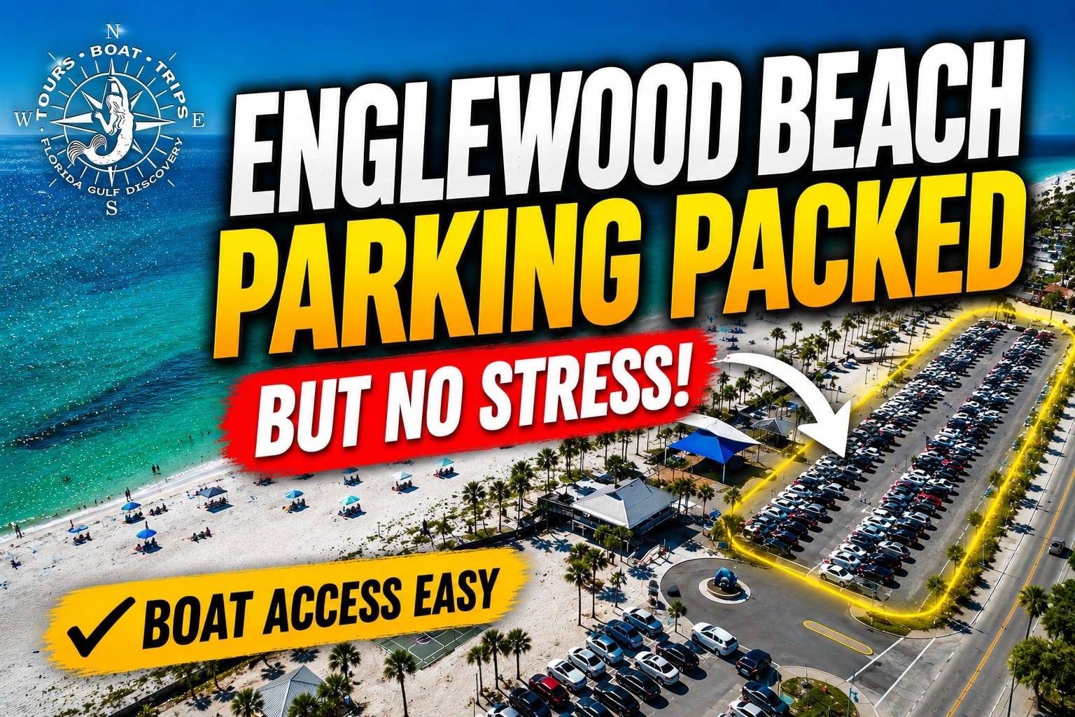Aerial view of Englewood Beach on Manasota Key showing parking areas, boat access, beach facilities, and the surrounding Gulf Coast.