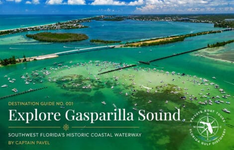 Aerial view of Gasparilla Sound, Boca Grande Sandbar, and the Placida Causeway in Southwest Florida.