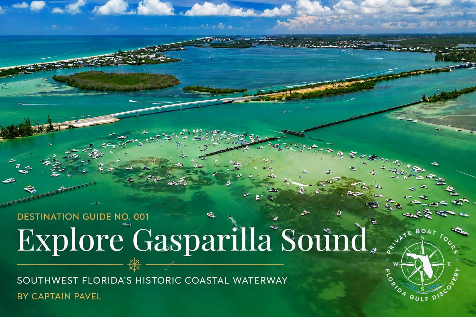 Aerial view of Gasparilla Sound, Boca Grande Sandbar, and the Placida Causeway in Southwest Florida.