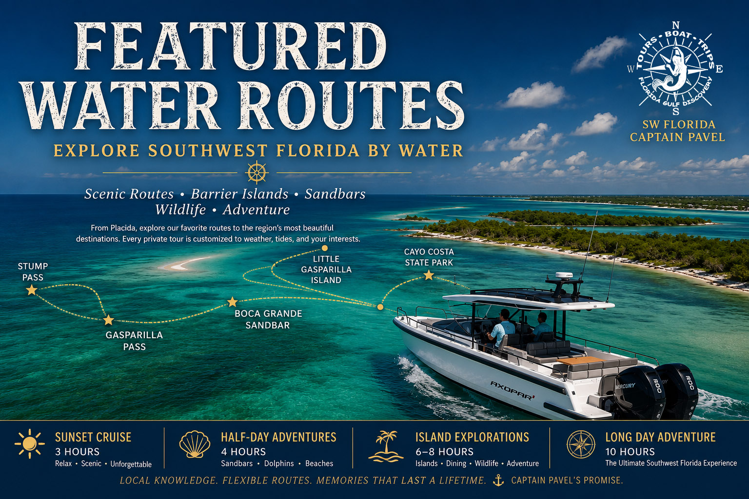 Featured Water Routes | Explore Southwest Florida by Water | Florida Gulf Discovery Featured Water Routes map with Captain Pavel's Axopar 29 exploring Boca Grande Sandbar, Gasparilla Pass, Little Gasparilla Island, Cayo Costa State Park, and Southwest Florida's scenic waterways.