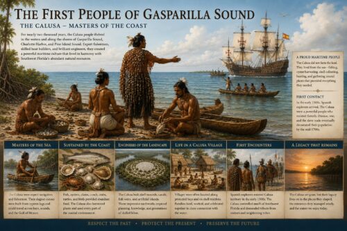 Educational illustration of the Calusa people living along Gasparilla Sound during the early sixteenth century before European settlement.