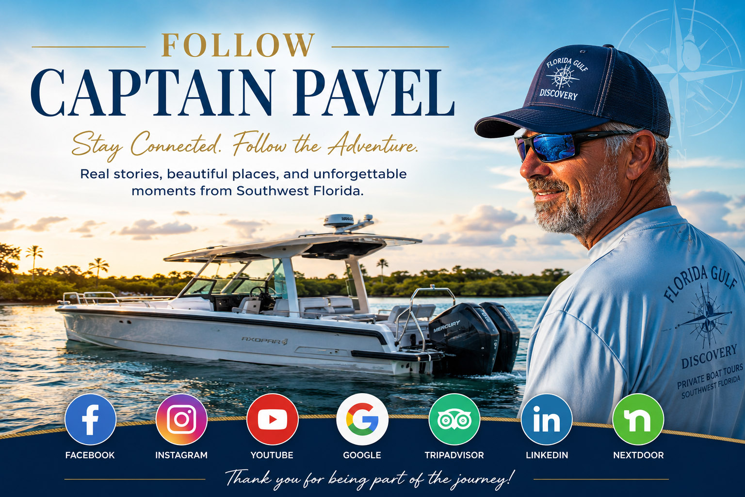 Follow Captain Pavel on Social Media | Florida Gulf Discovery Captain Pavel with the Axopar 29 promoting Florida Gulf Discovery across Facebook, YouTube, Instagram, Google, TripAdvisor, LinkedIn, and Nextdoor in Southwest Florida.