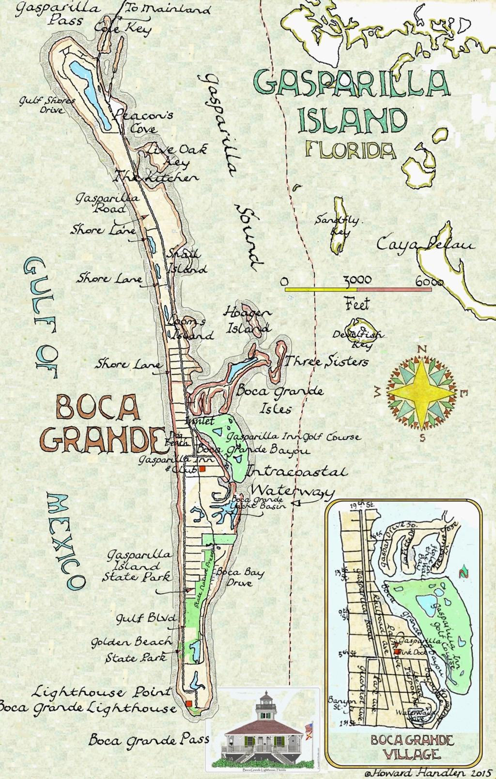 Historic illustrated map of Gasparilla Island showing Boca Grande, Gasparilla Sound, Boca Grande Pass, Port Boca Grande Lighthouse, and surrounding islands.
