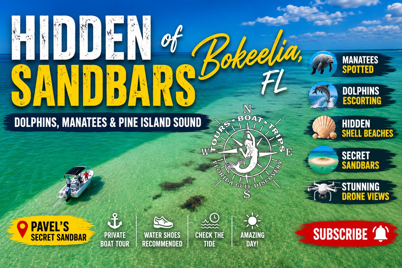 Hidden sandbars near Bokeelia in Pine Island Sound, Florida, surrounded by shallow turquoise water and accessible by private boat.