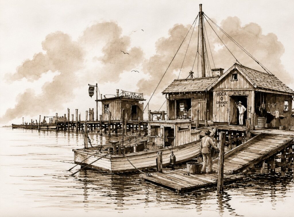 Illustration of a historic fish house, dock, and commercial fishing boat on the Boca Grande waterfront, Gasparilla Island, Florida.