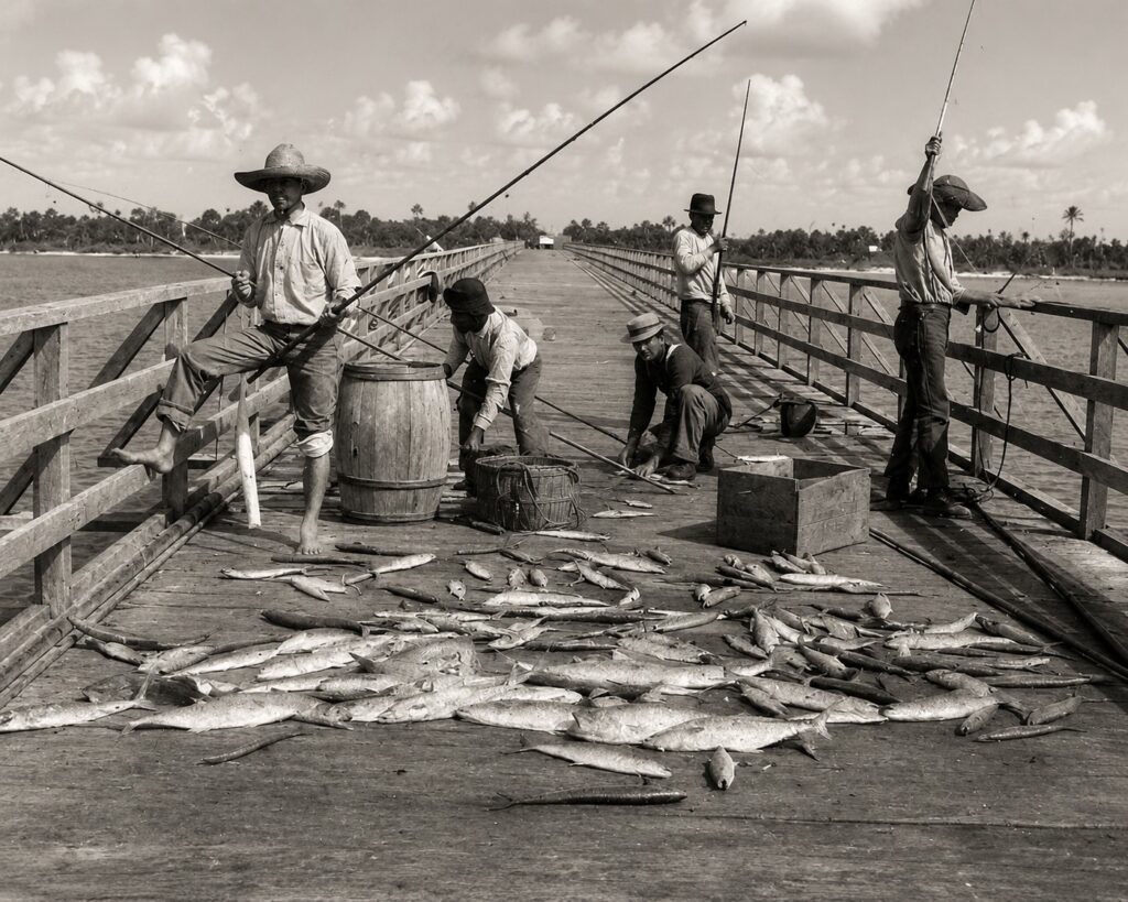Commercial fishermen displaying a large catch on a wooden fishing pier along Charlotte Harbor in Southwest Florida during the early twentieth century.