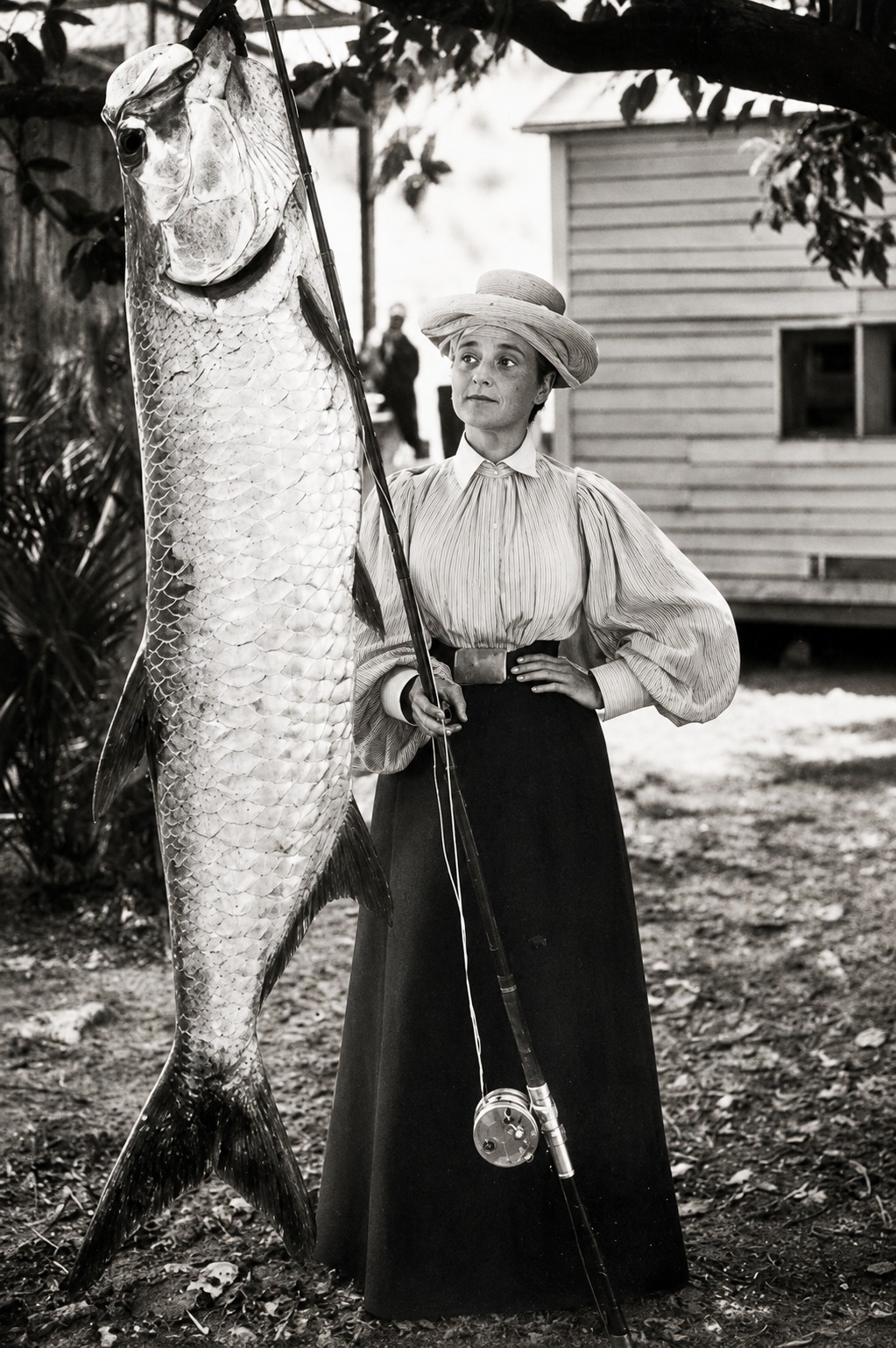 Historic photograph of a woman posing beside a giant tarpon in Boca Grande, Florida, during the early years of tarpon fishing.