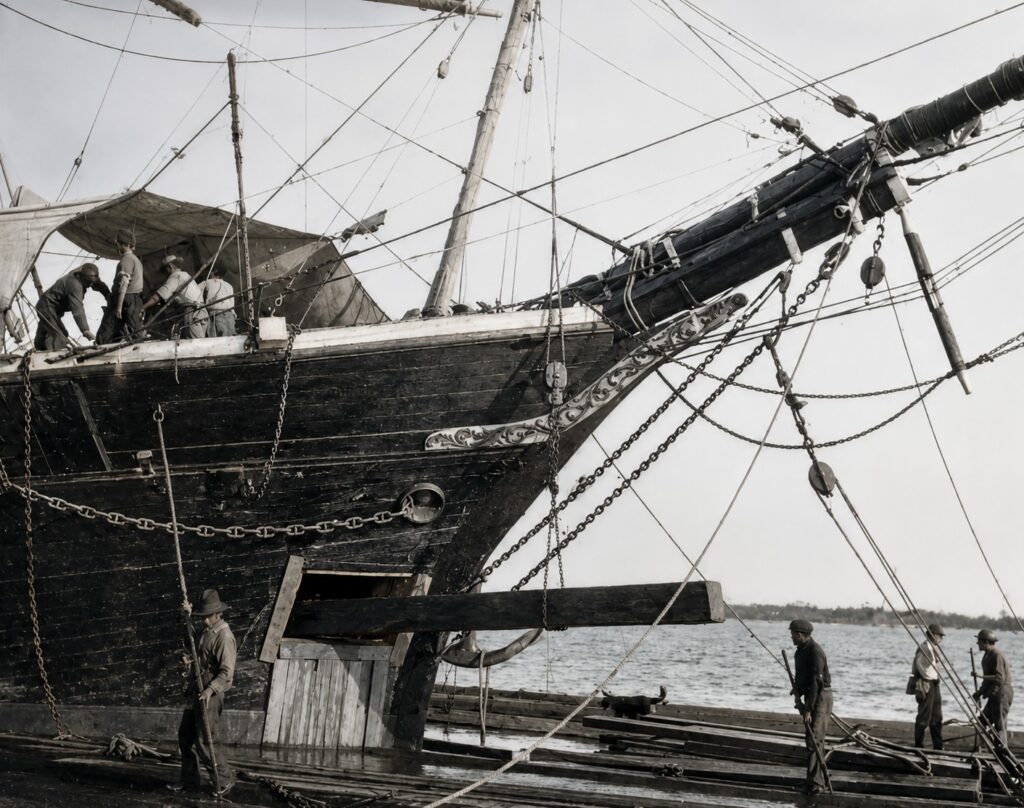 Restored historical photograph of a large wooden sailing ship loading cargo in Charlotte Harbor, Florida, during the late nineteenth or early twentieth century.