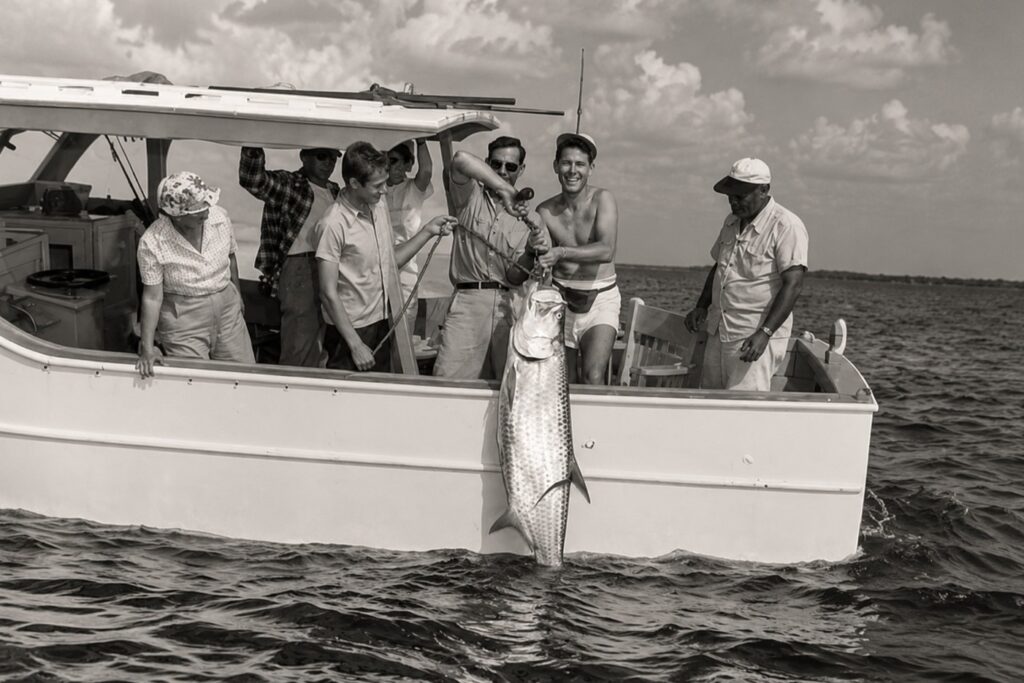 Visitors aboard a charter fishing boat displaying a trophy tarpon caught near Boca Grande Pass, Florida.