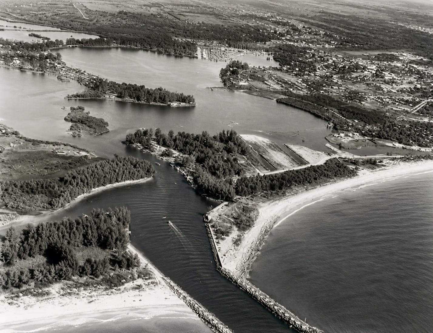 Historic 1938 aerial photograph of Venice Inlet shortly after construction of the jetties at Casey's Pass, Florida