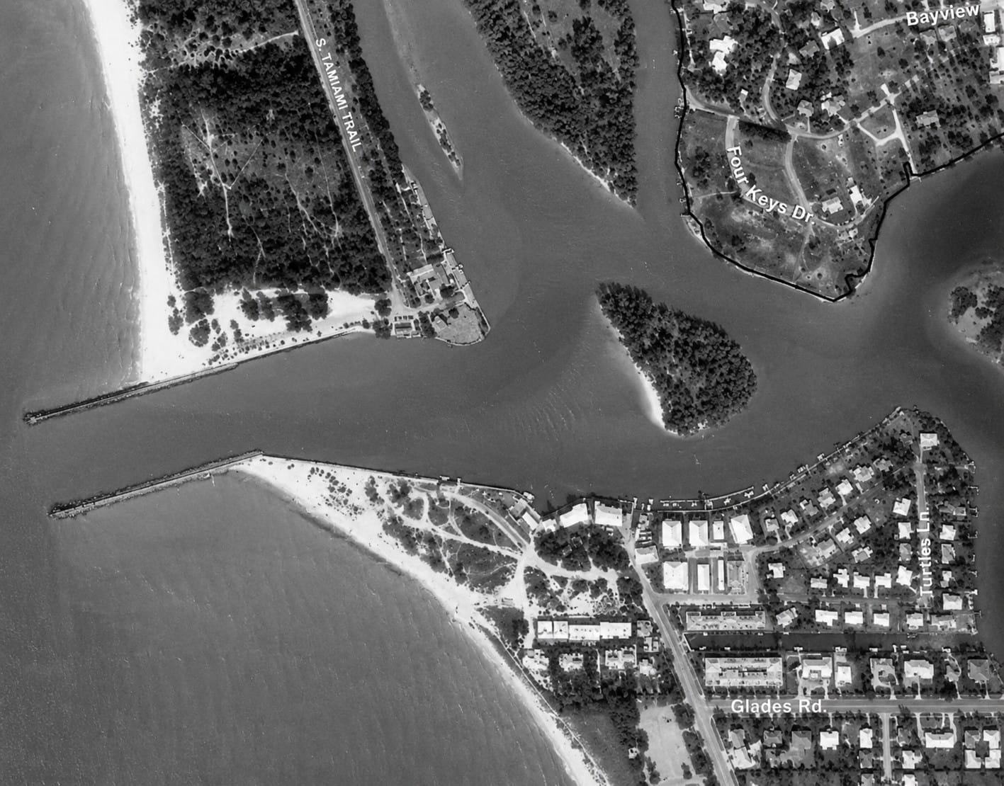 Historic 1978 aerial photograph of Venice Inlet and Snake Island in Venice, Florida
