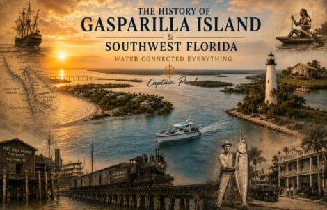 Historic collage of Gasparilla Island and Southwest Florida featuring Boca Grande, Calusa heritage, railroad, phosphate era, lighthouse, tarpon fishing, and Captain Pavel's Axopar boat.