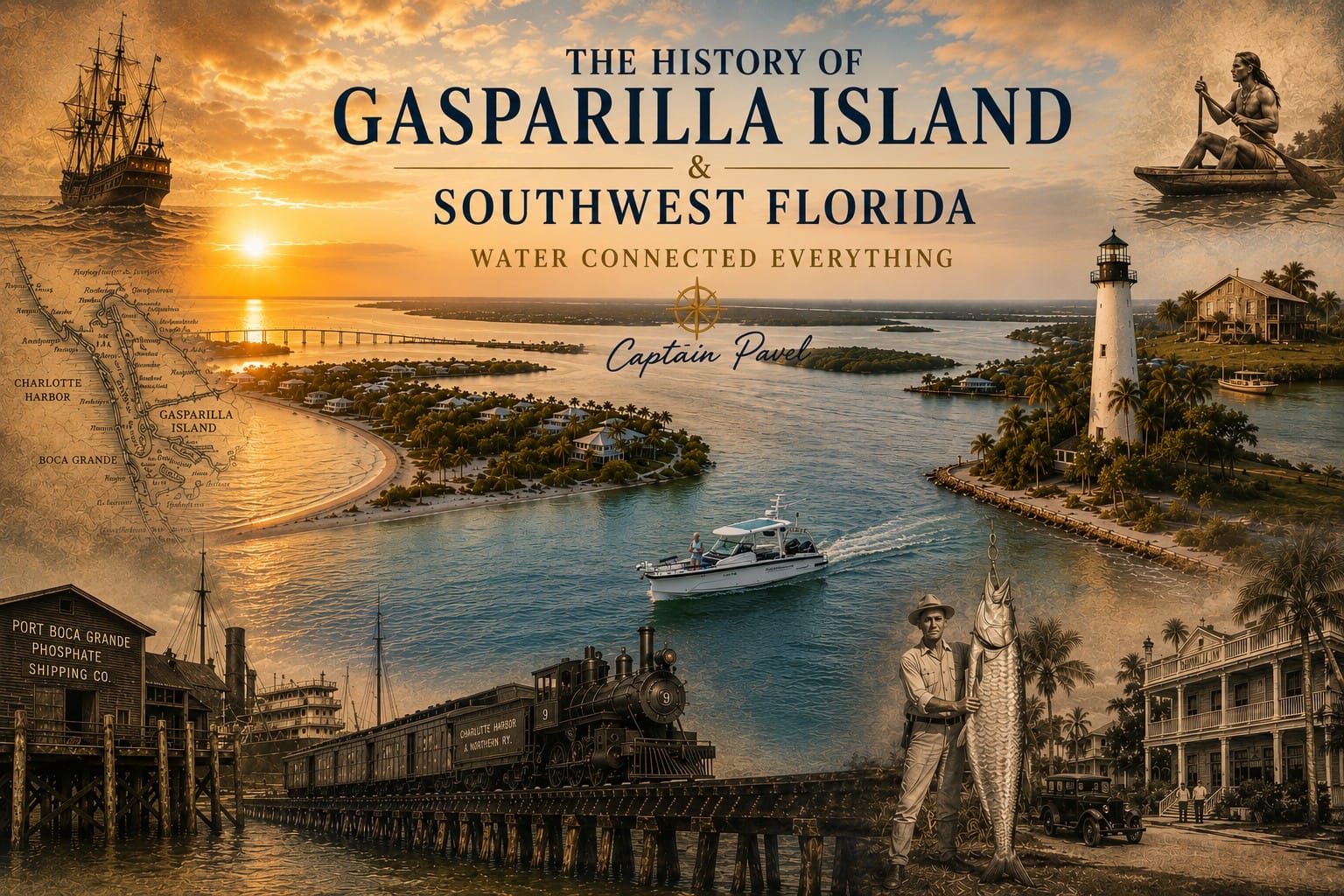 Historic collage of Gasparilla Island and Southwest Florida featuring Boca Grande, Calusa heritage, railroad, phosphate era, lighthouse, tarpon fishing, and Captain Pavel's Axopar boat.