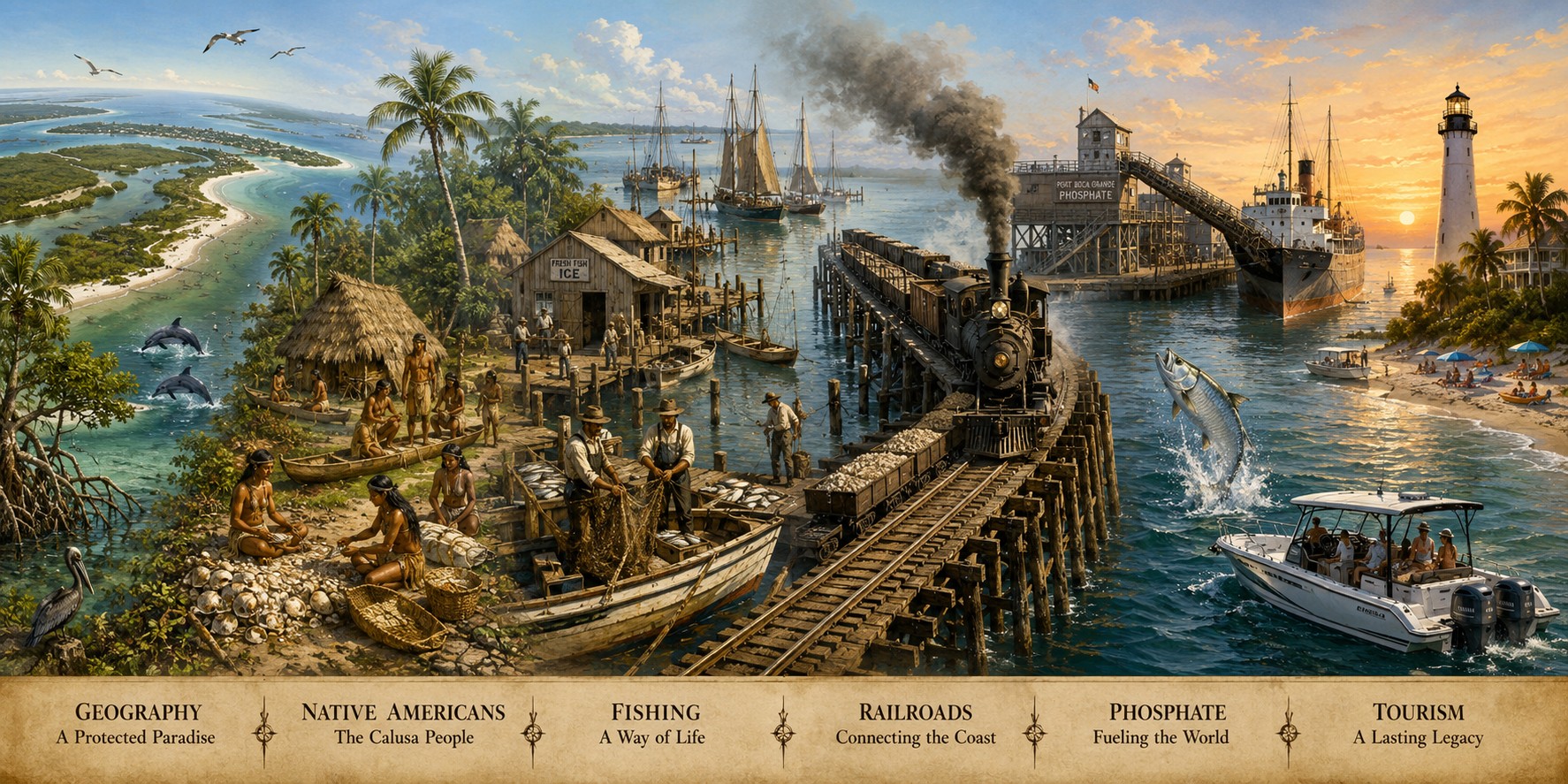 Panoramic historical illustration showing the evolution of Gasparilla Island and Southwest Florida from the Calusa civilization through fishing, railroads, phosphate, and modern tourism.