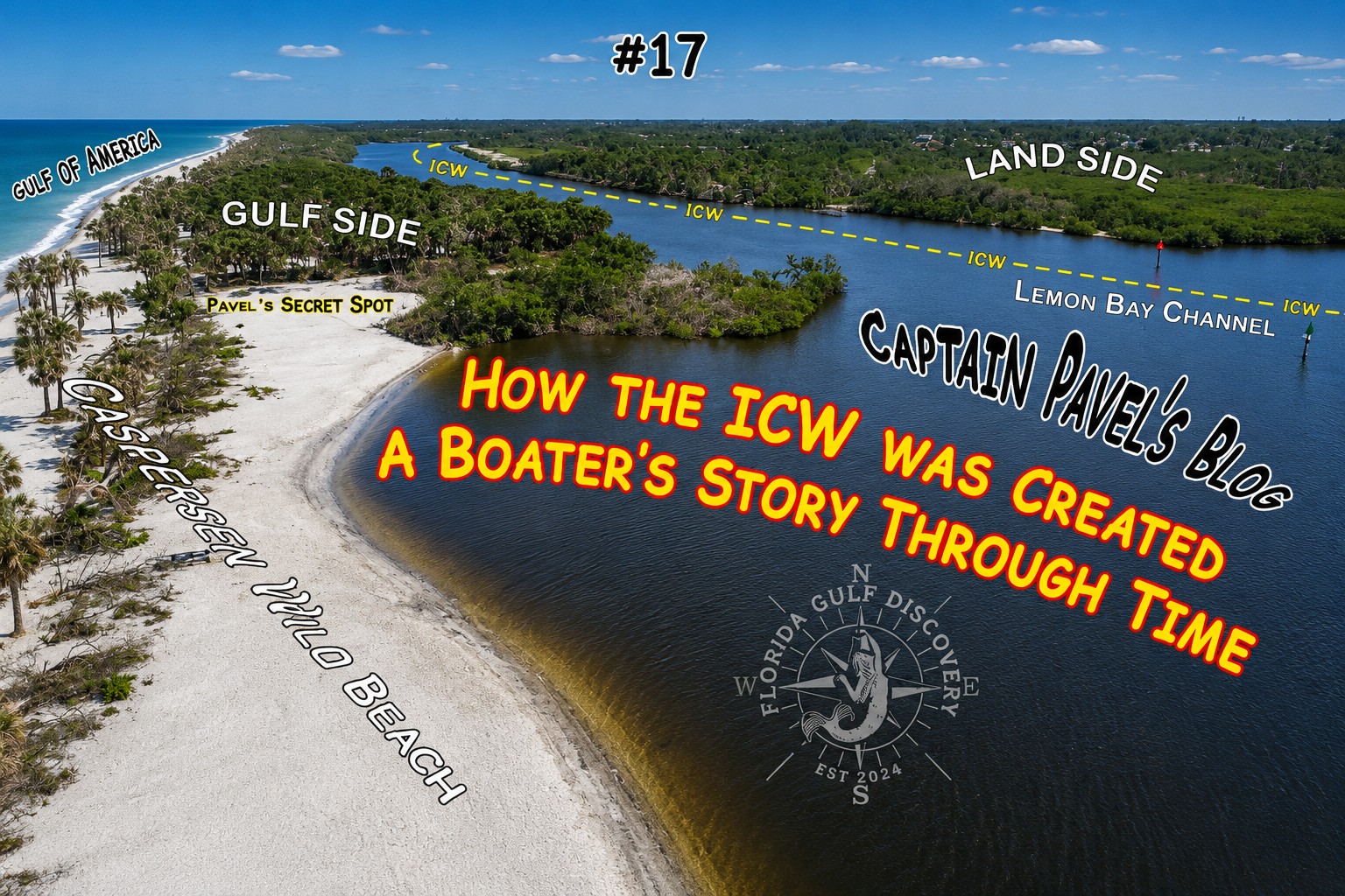 Historic dredging of the Intracoastal Waterway through Lemon Bay between Venice and Placida, Florida