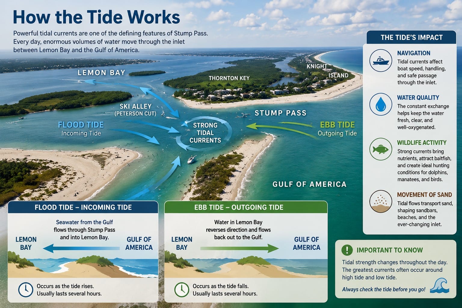 Infographic explaining how tidal currents flow through Stump Pass between Lemon Bay and the Gulf of America
