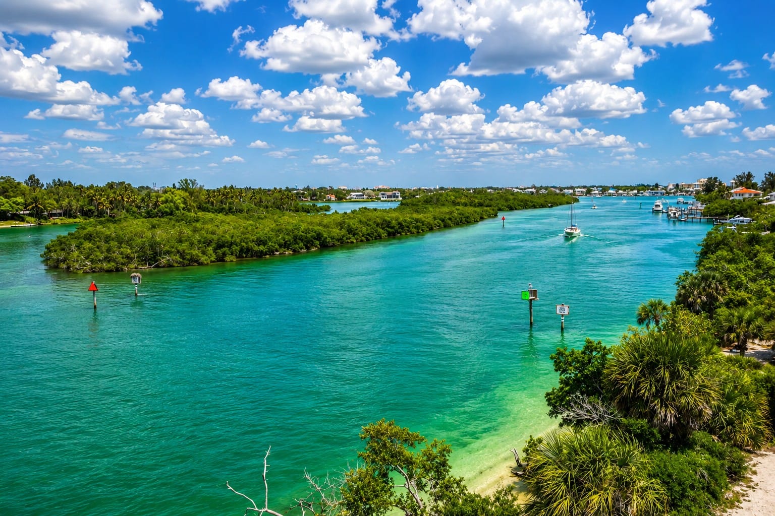 Aerial view of the Intracoastal Waterway channel from Albee Road Bridge to Venice Inlet in Florida