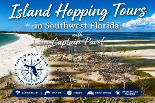 Aerial view of remote barrier islands and pristine beaches during a private Island Hopping Tour in Southwest Florida with Captain Pavel.