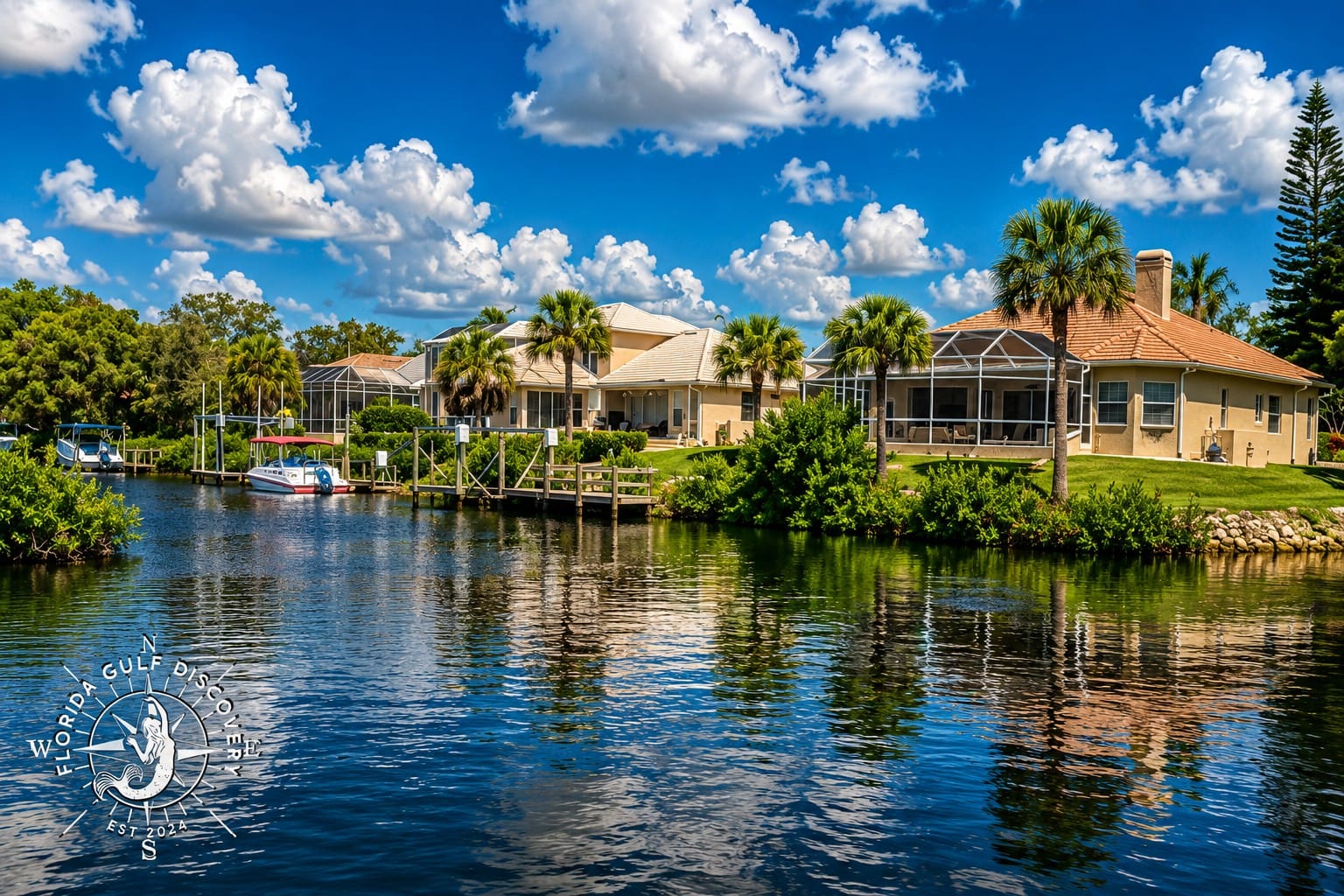 Waterfront homes overlooking Lyons Bay near Venice Inlet in Venice, Florida