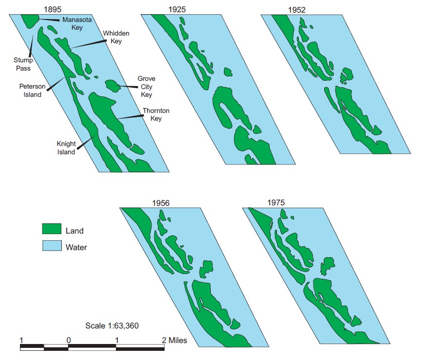 Historic maps showing the evolution of Manasota Key barrier island from 1895 to 1975