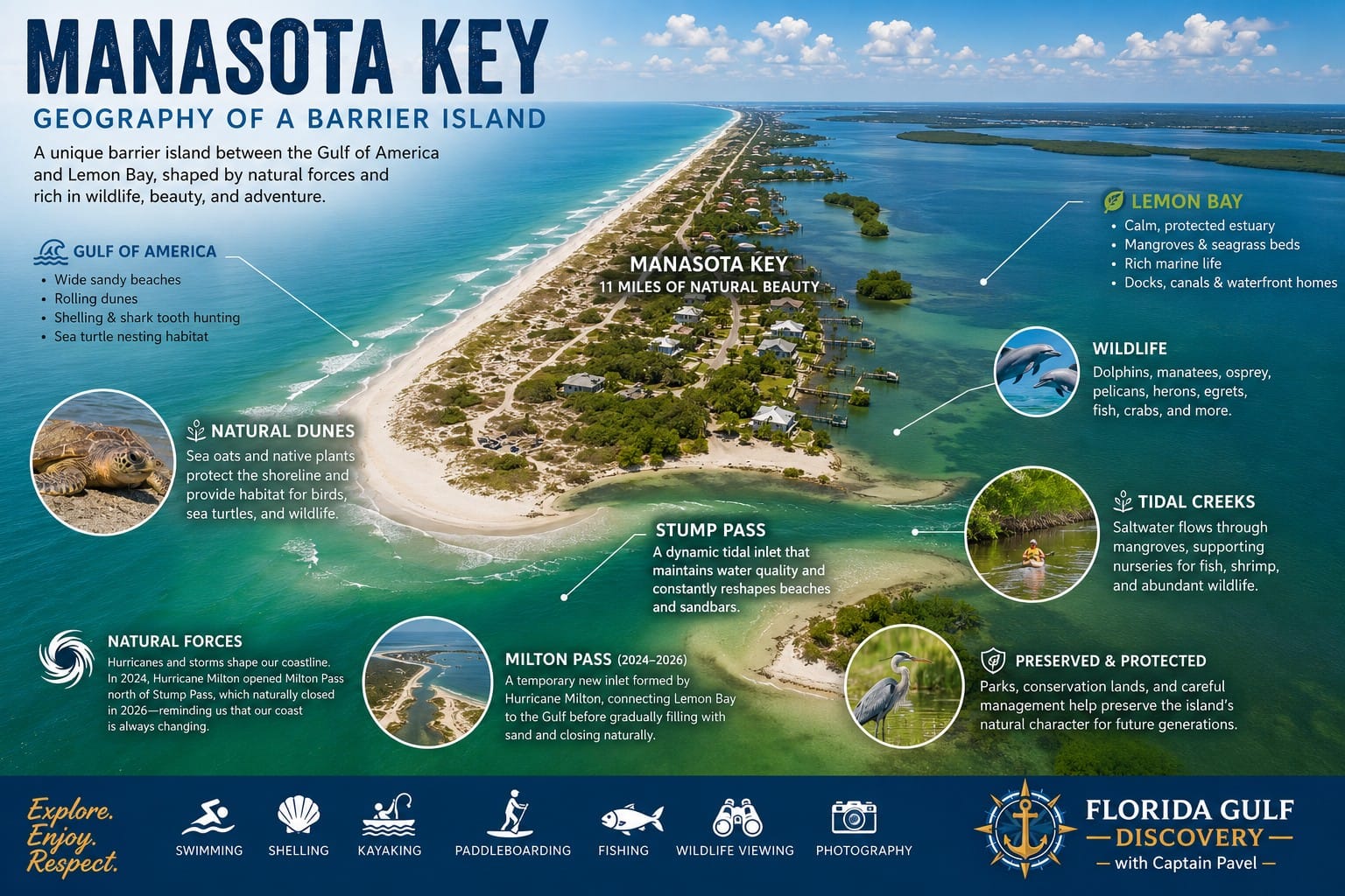 Aerial view illustrating the barrier island geography of Manasota Key, Lemon Bay, and the Gulf of Mexico