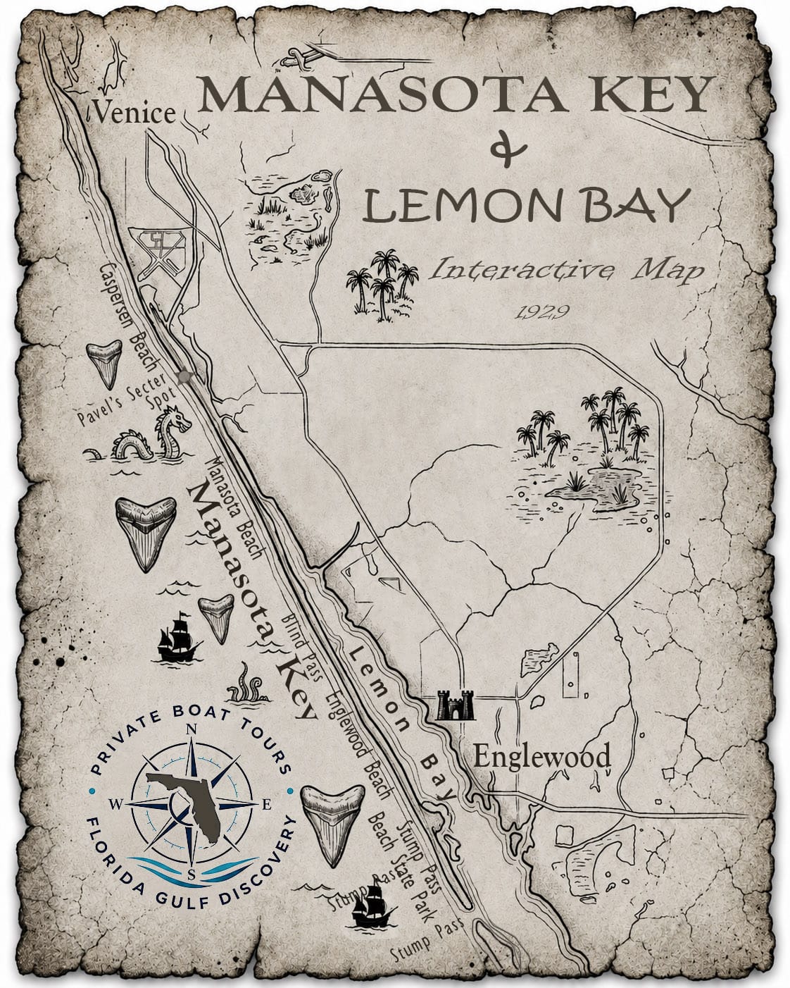 Vintage-style interactive map of Manasota Key and Lemon Bay, Southwest Florida, highlighting beaches, Caspersen Beach, Englewood, Stump Pass, and Captain Pavel's Secret Spot.