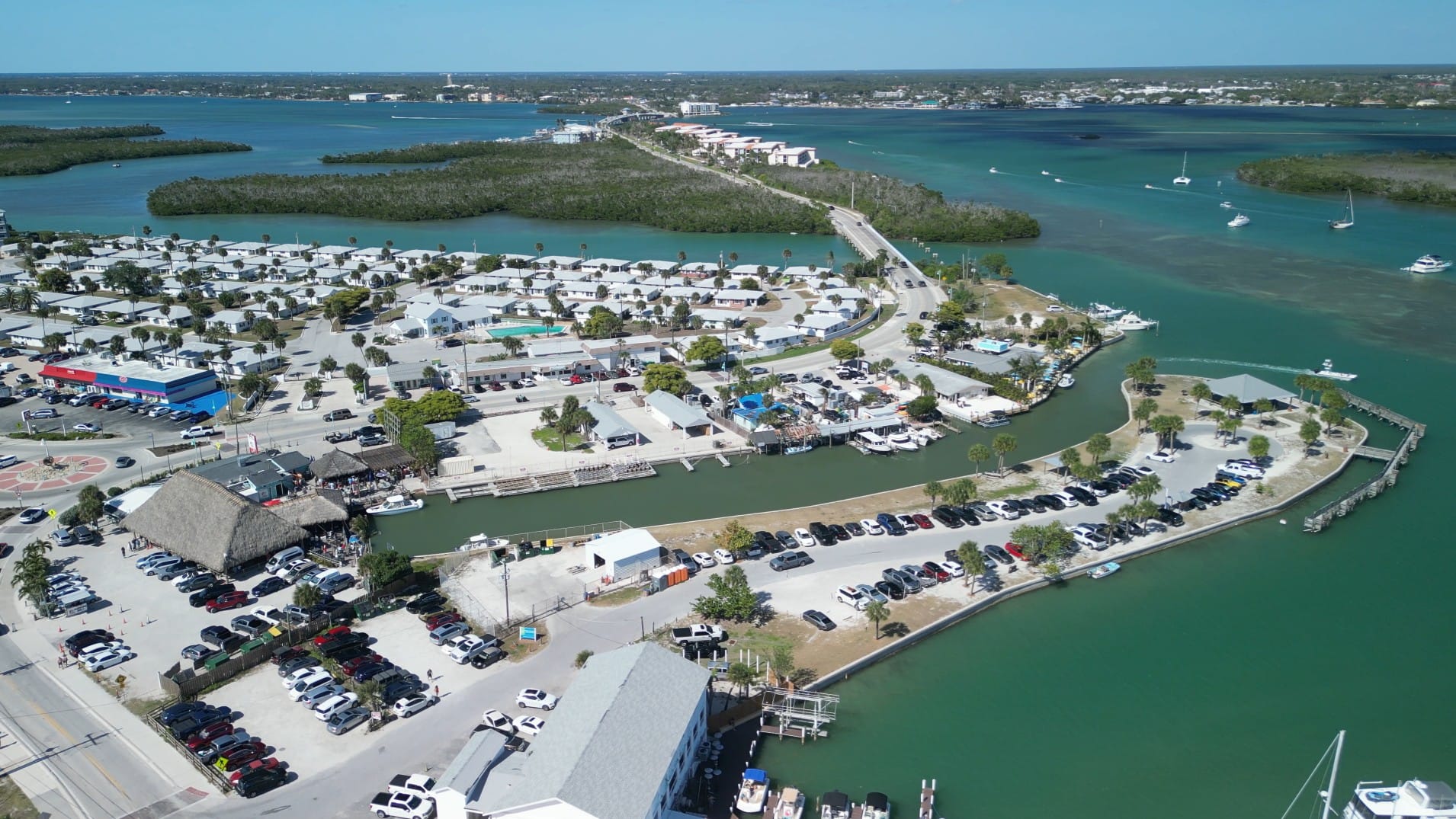 Aerial view of SandBar Tiki & Grille on Manasota Key overlooking Lemon Bay, Florida
