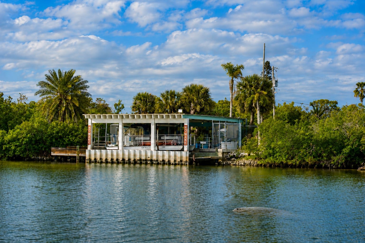 Florida manatee near a covered boat dock on Lemon Bay, Southwest Florida