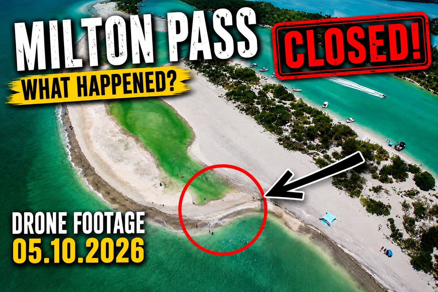 Drone view of the closed Milton Pass on May 10, 2026, showing the restored barrier island and former inlet between Stump Pass and Ski Alley.