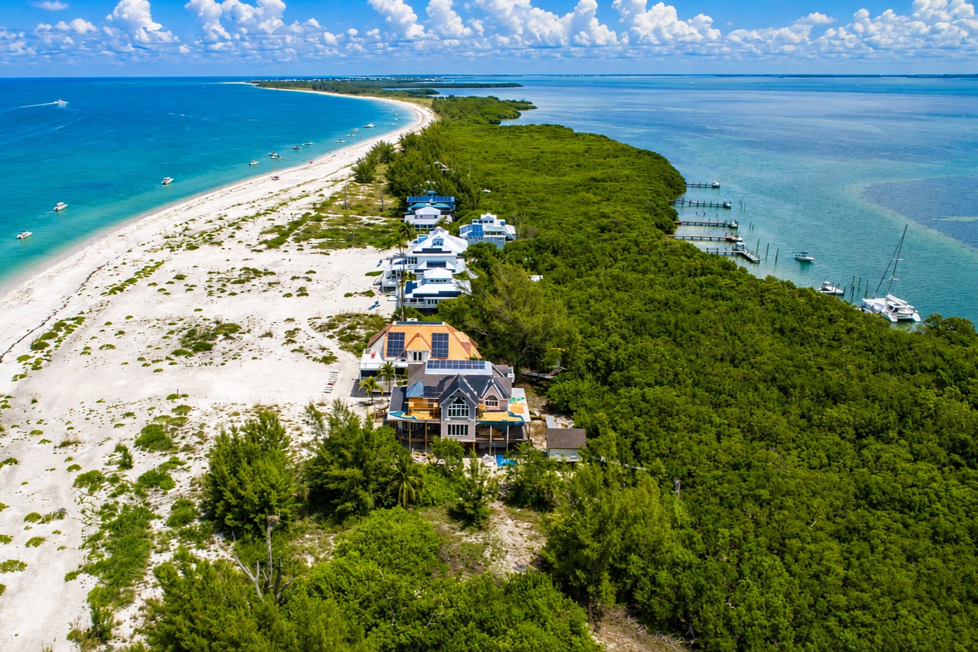 Aerial view of beachfront homes on North Captiva Island, Southwest Florida