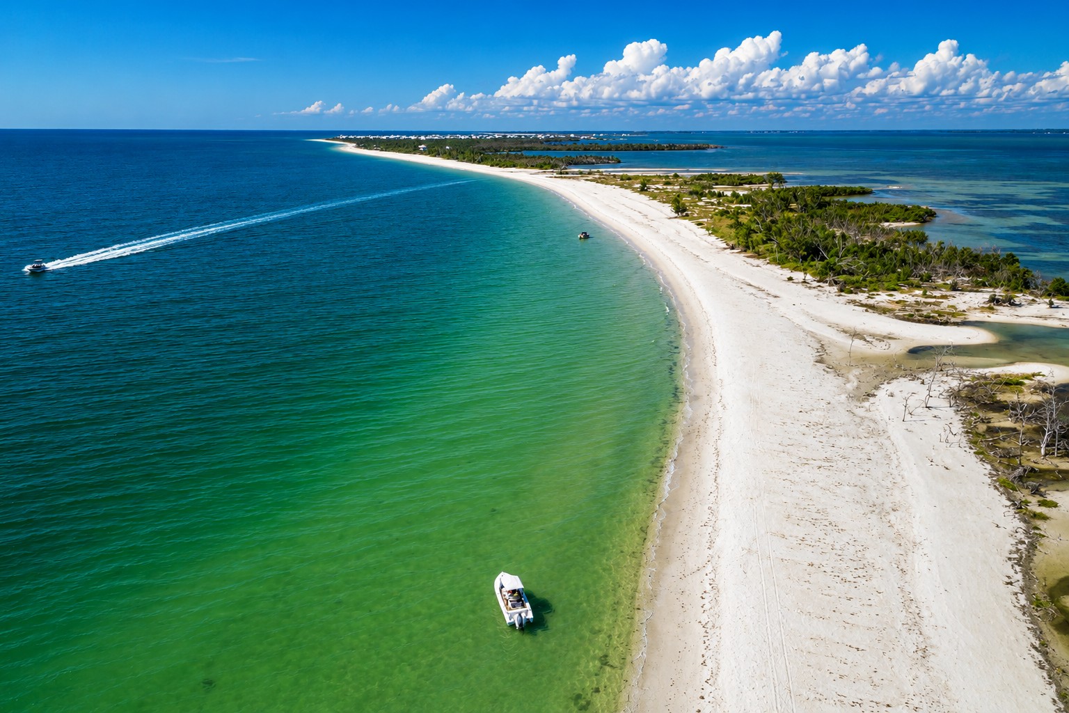 Aerial view of North Captiva Island Gulf Beach with white sand, turquoise Gulf waters, and an undeveloped barrier island landscape in Southwest Florida.