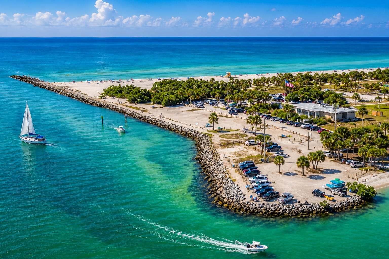 Aerial view of North Jetty Park at Venice Inlet on Casey Key in Nokomis, Florida