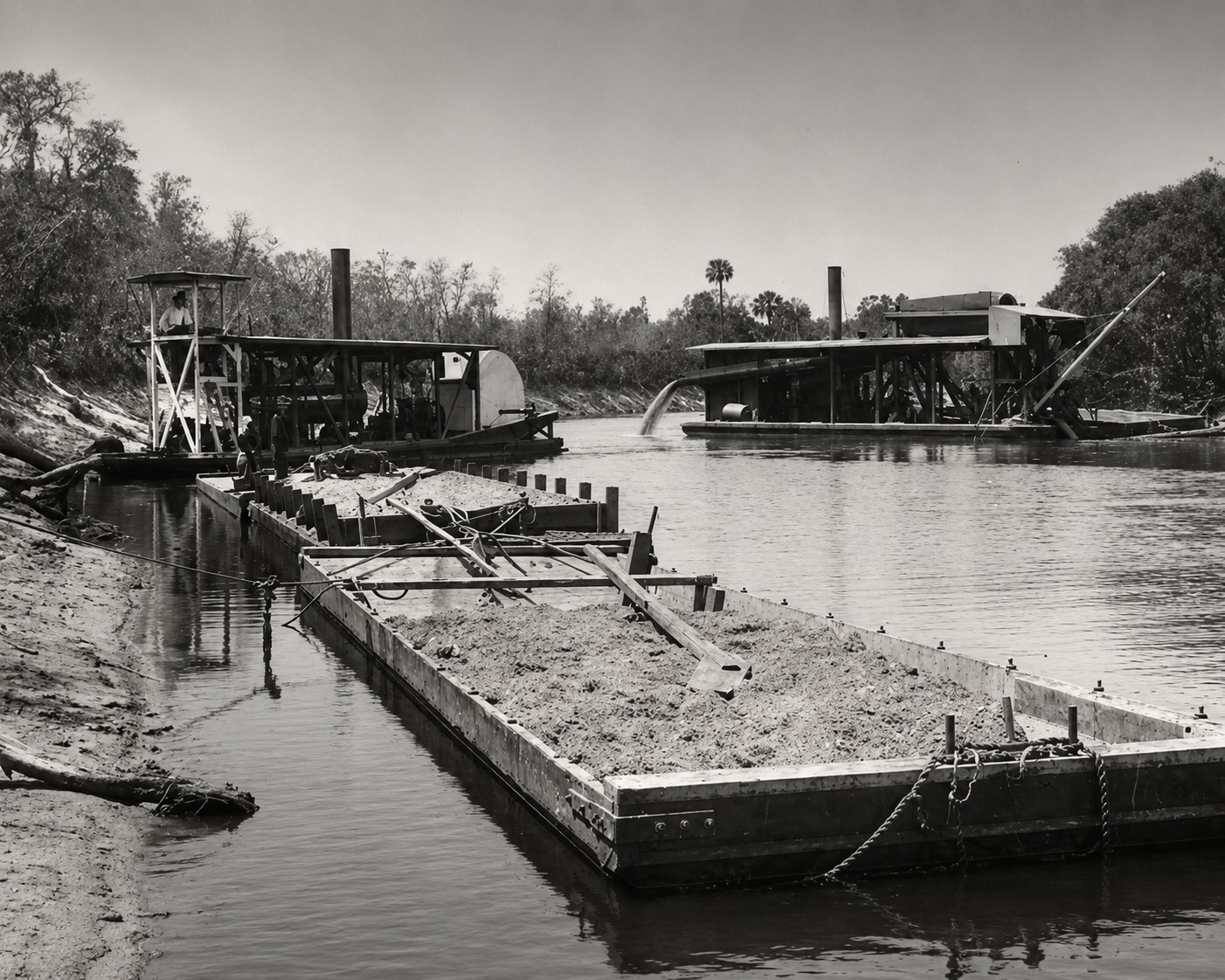 Historic photograph of a floating phosphate dredge, phosphate barge, and steam-powered tugboat operating on the Peace River in Florida.