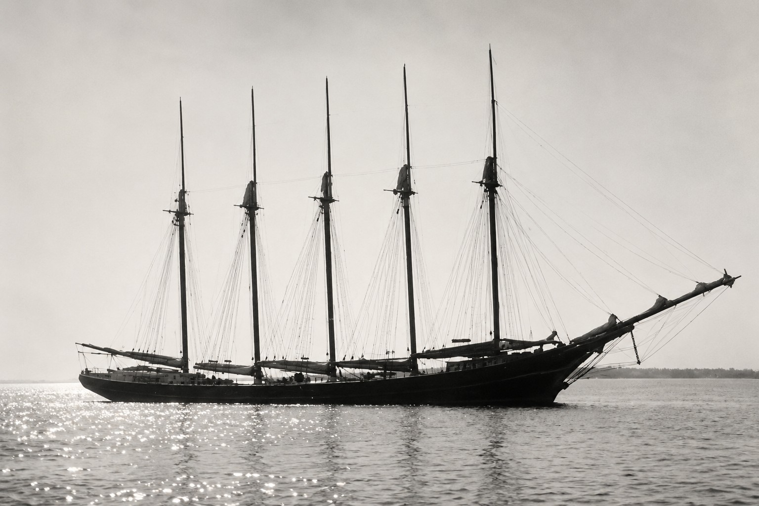 Historic multi-masted sailing ship anchored in Charlotte Harbor near Boca Grande Pass to load Florida phosphate for export.