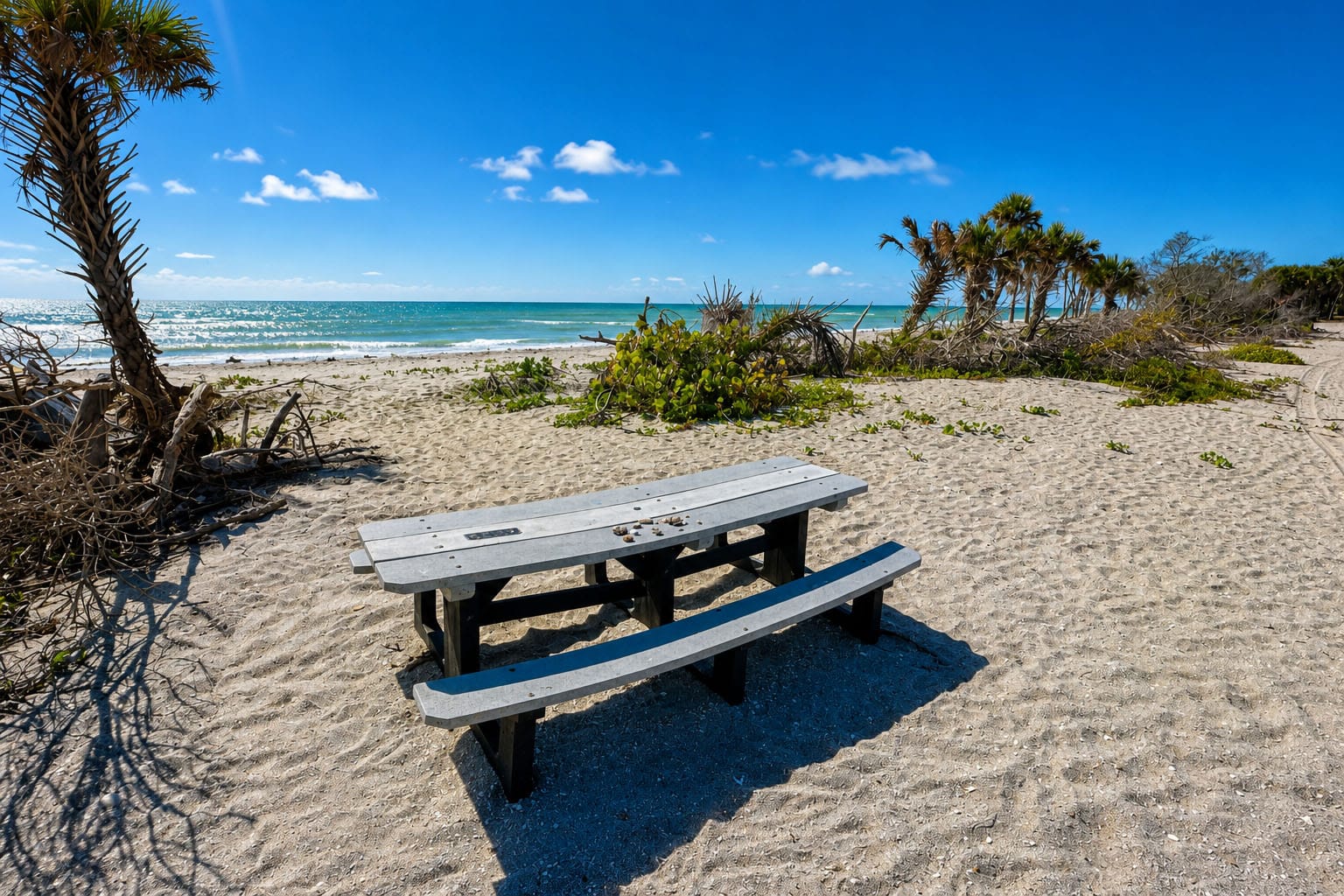 Picnic table overlooking the Gulf shoreline at Caspersen Beach near Venice, Florida
